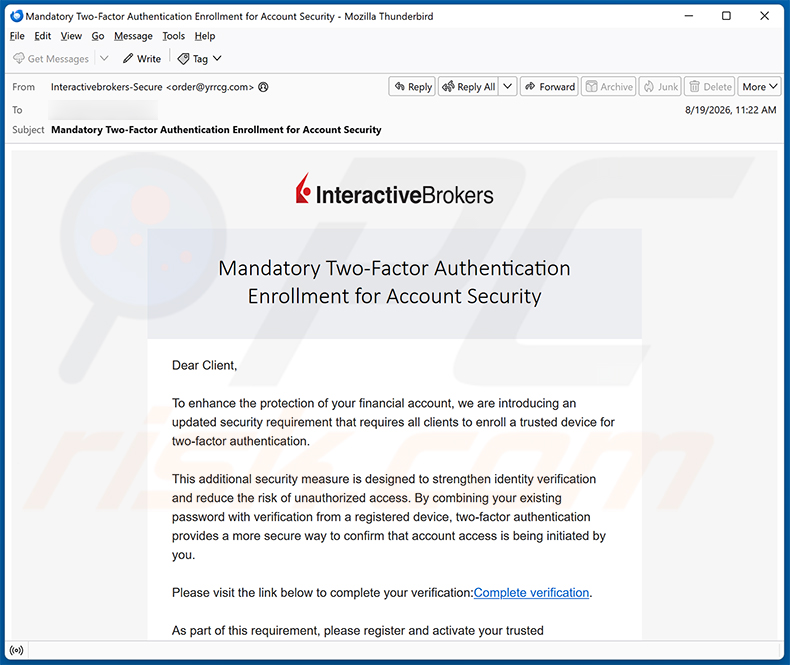 Campaña de spam por correo electrónico de la estafa Interactive Brokers Two-Factor Authentication Email