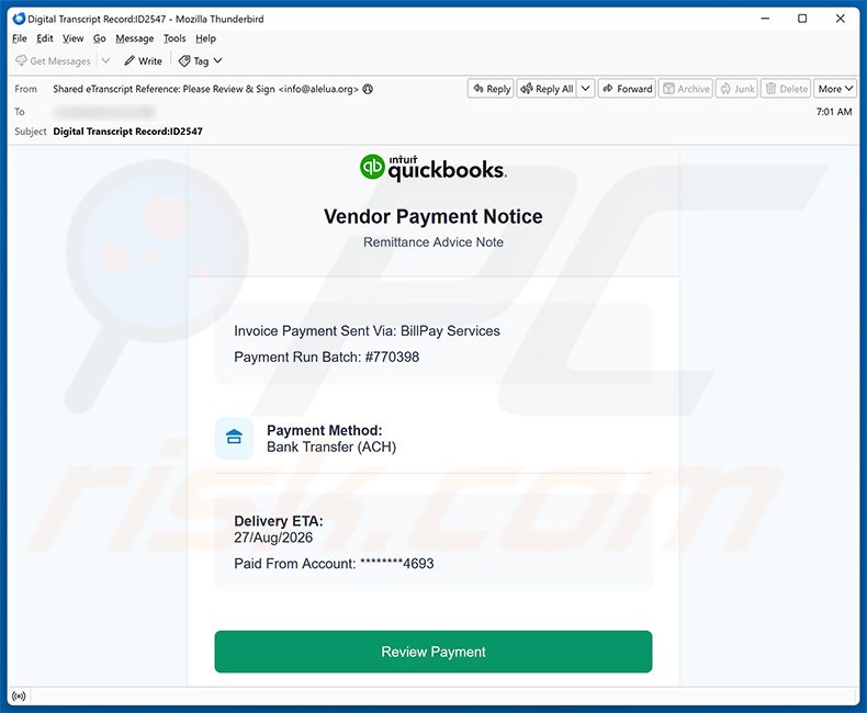 Campaña de spam Intuit QuickBooks - Vendor Payment Notice Email Virus