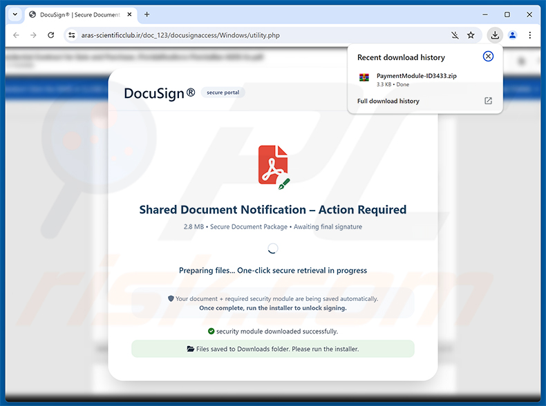 Sitio web malicioso promocionado a través de la campaña de spam Intuit QuickBooks - Vendor Payment Notice Email Virus