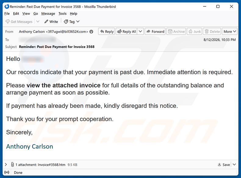 Campaña de spam por correo electrónico Invoice Payment Is Past Due estafa por correo electrónico