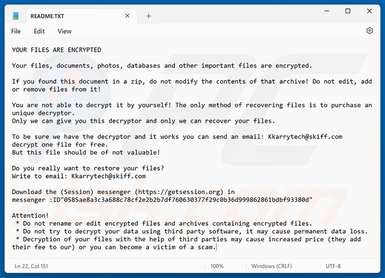 Nota de rescate del ransomware KarryTech (README.TXT)