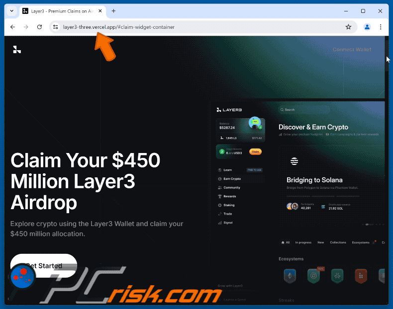 Sitio web falso de Layer3 que funciona como vaciador de criptomonedas