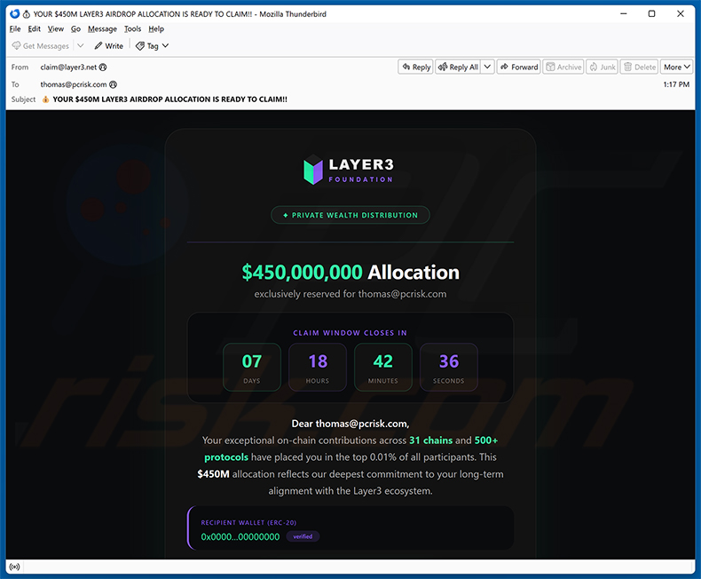 Campaña de spam por correo electrónico Layer3 Airdrop Email Scam