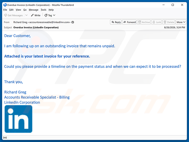 LinkedIn - Outstanding Invoice estafa por correo electrónico