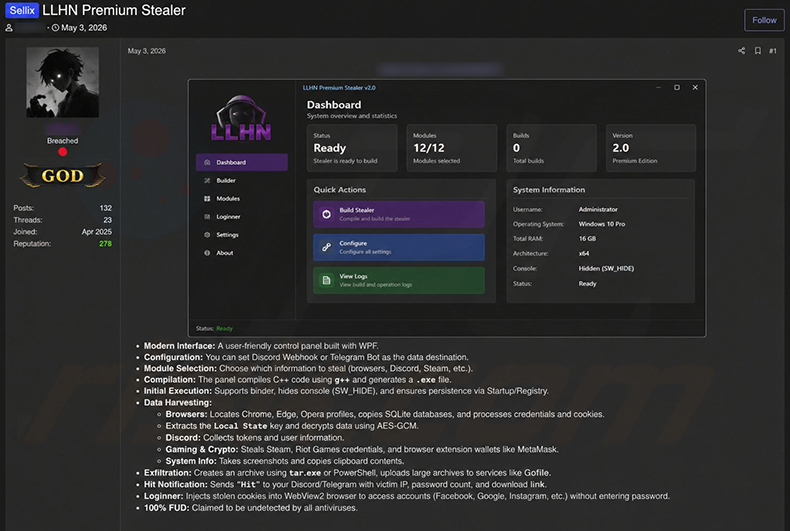 LLHN Stealer promocionado en foros de hackers