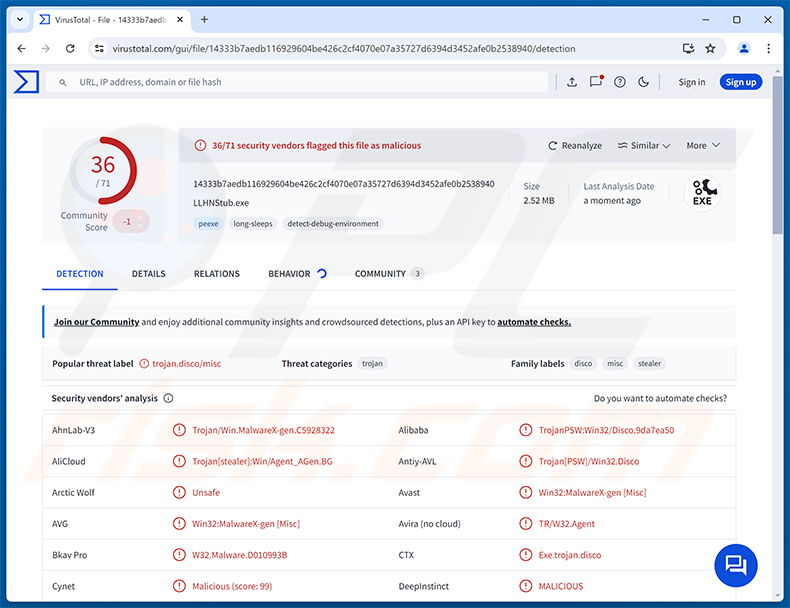 Detecciones del malware LLHN Stealer en VirusTotal