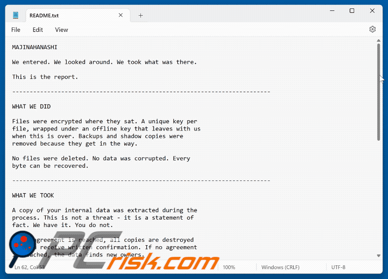 Archivo de texto del ransomware MAJINAHANASHI (README.txt)