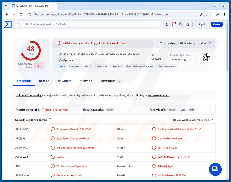 Detecciones del malware PackClient RAT en VirusTotal