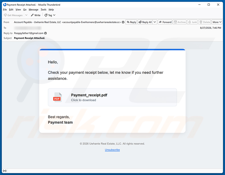 Campaña de spam de la estafa por correo electrónico Payment Receipt