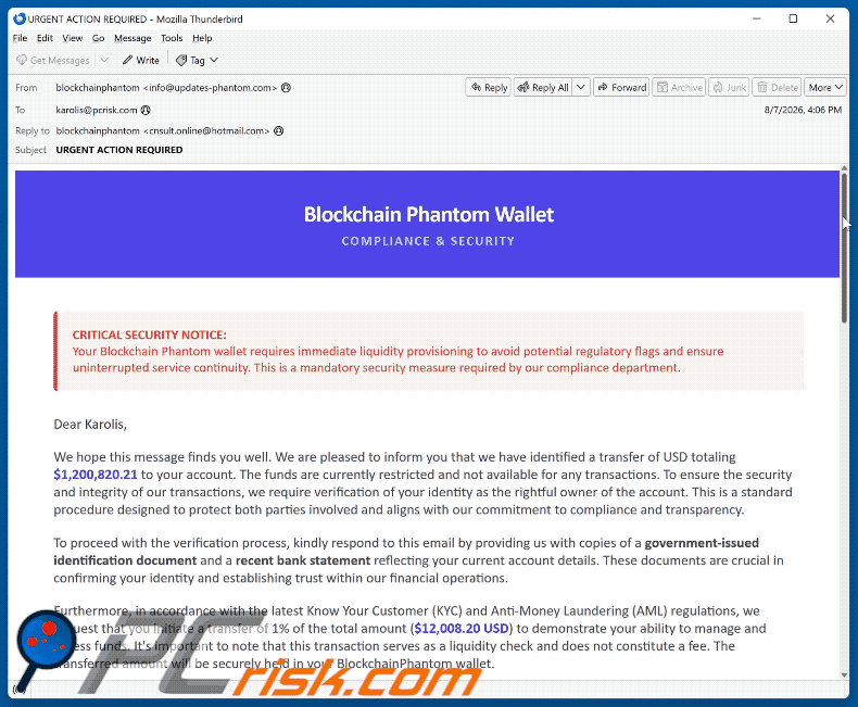 Estafa por correo electrónico Phantom Wallet Identity Confirmation (GIF)