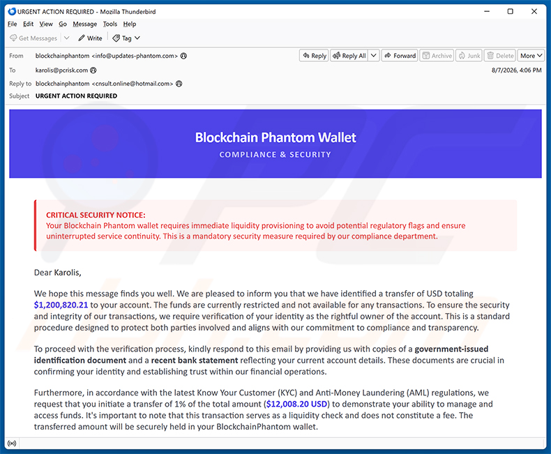 Estafa por correo electrónico Phantom Wallet Identity Confirmation