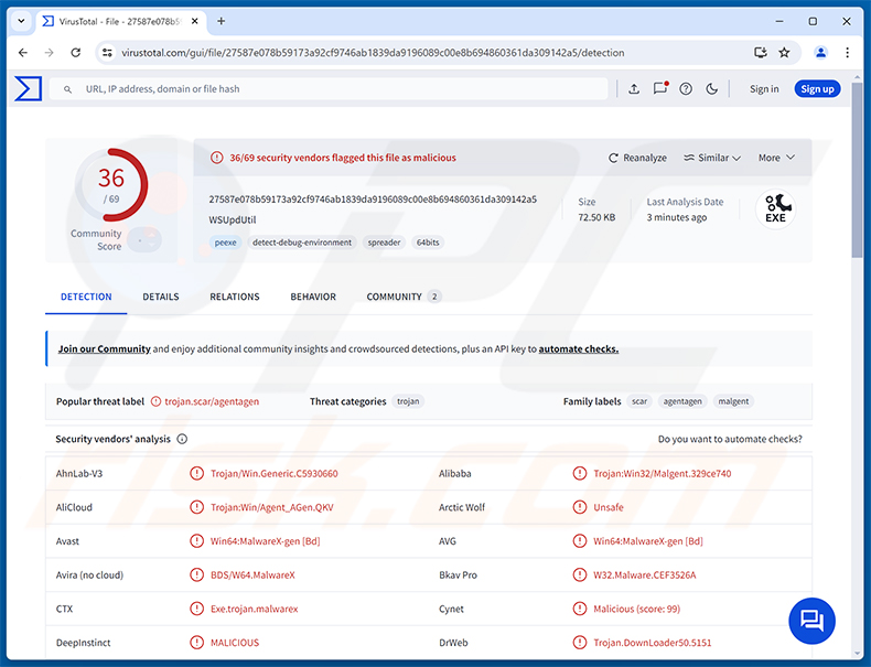 Detecciones de PINHOLE RAT en VirusTotal