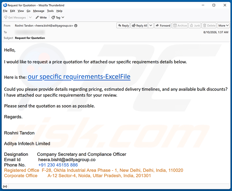 Campaña de spam por correo electrónico de la estafa Price Quotation Request Email