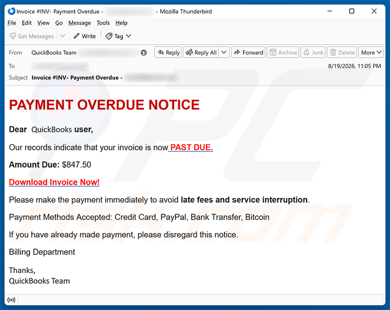 Campaña de spam por correo electrónico QuickBooks - Payment Overdue Email Scam