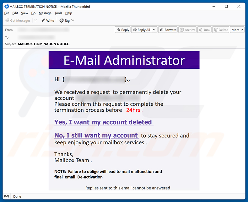 Campaña de correo no deseado Request To Permanently Delete Your Account