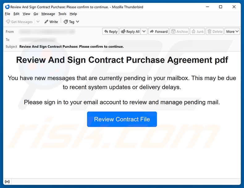 Campaña de spam por correo electrónico de la estafa Review And Sign Contract Purchase Agreement