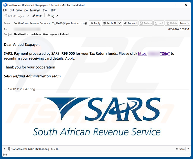 Campaña de spam por correo electrónico SARS Tax Refund Email Scam