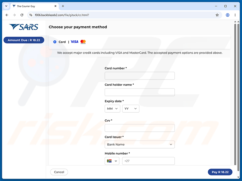Página de recolección de datos de tarjeta de crédito de SARS Tax Refund Email Scam