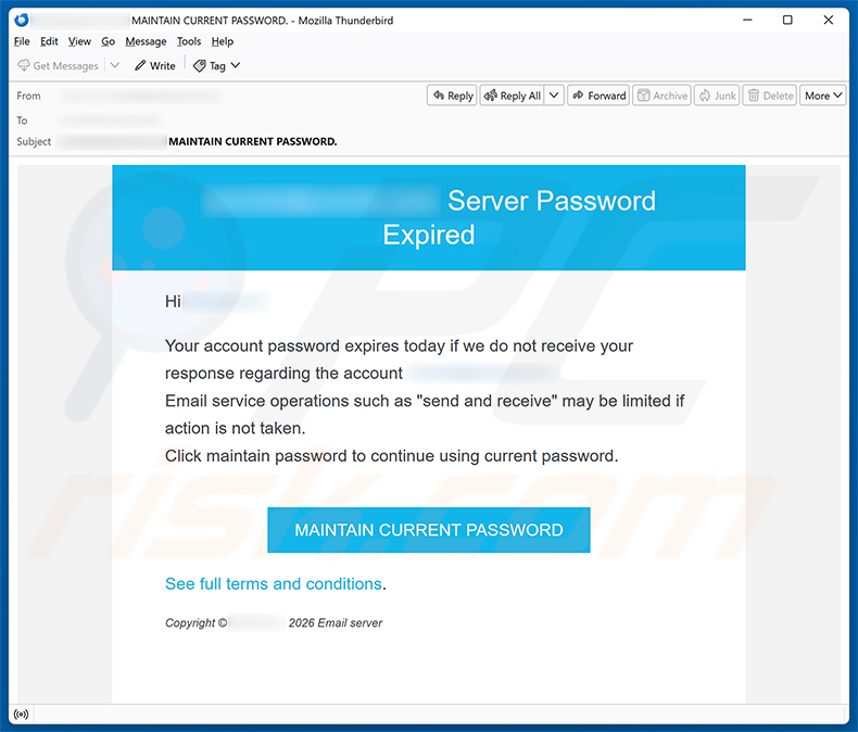 Campaña de spam por correo electrónico Server Password Expired Email Scam