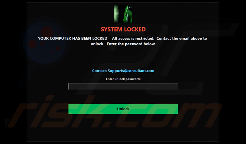 Pantalla de bloqueo de SnakeBiteAgent RAT mostrada en un equipo infectado