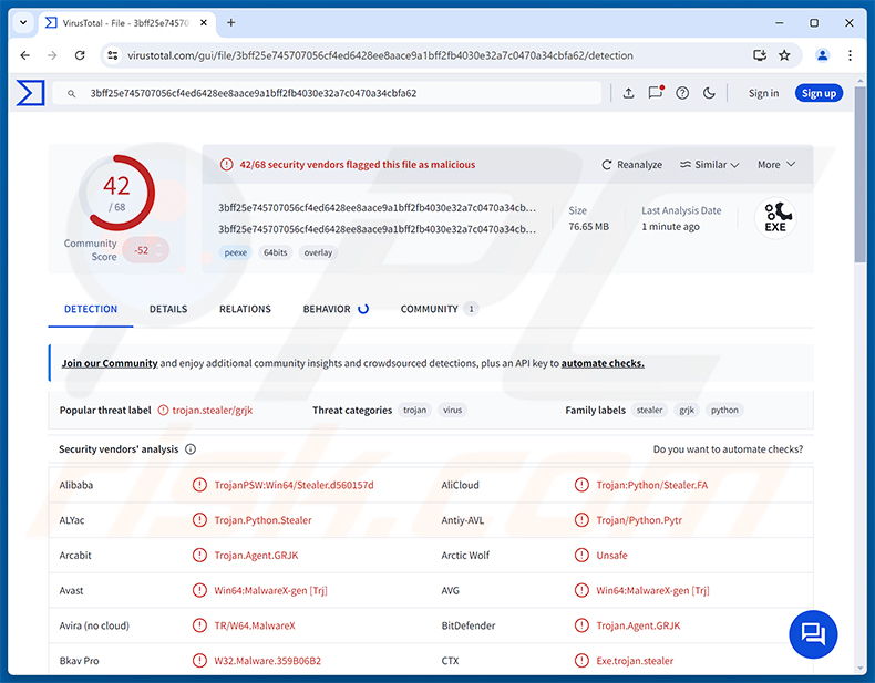 Detecciones del malware Vanta Stealer en VirusTotal
