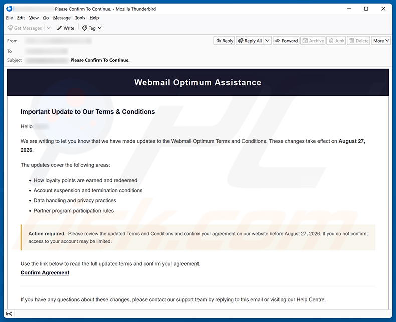 Campaña de spam por correo electrónico de la estafa Webmail Optimum Terms and Conditions Update