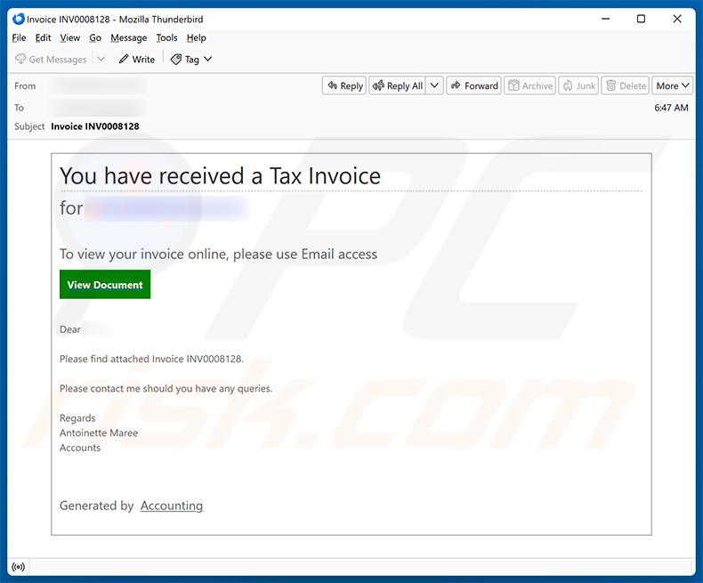 Campaña de spam por correo electrónico You Have Received A Tax Invoice Email Scam