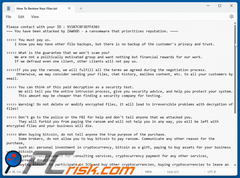 Nota de rescate del ransomware ZAWOOO (How To Restore Your Files.txt)