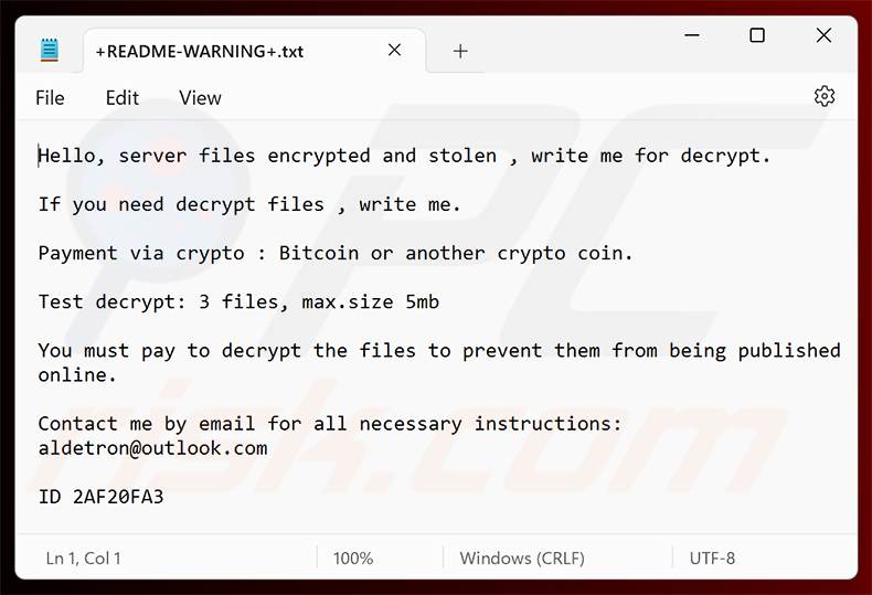 Nota de rescate del ransomware Aldet (+README-WARNING+.txt)