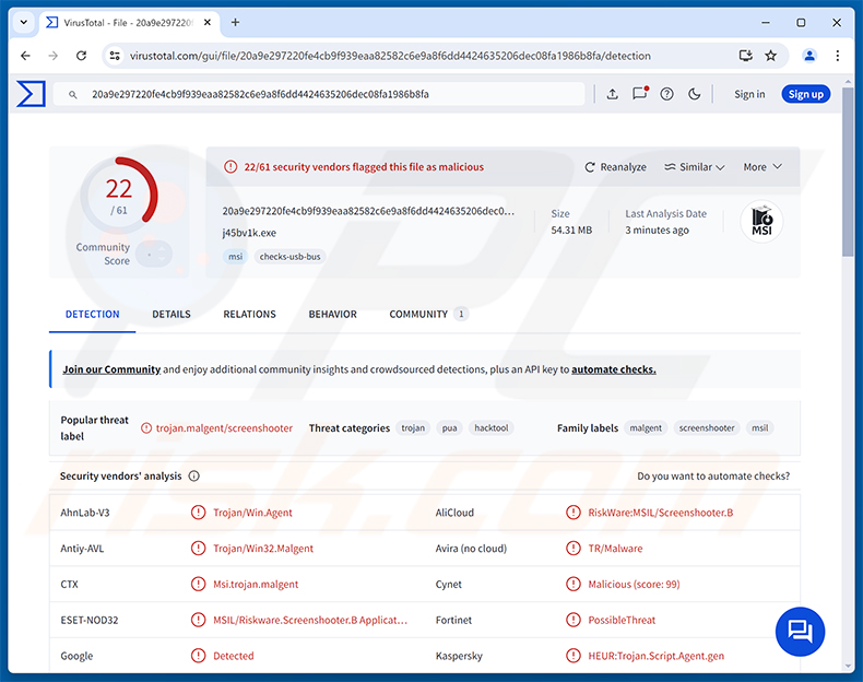 Detecciones del malware ChainScript RAT en VirusTotal