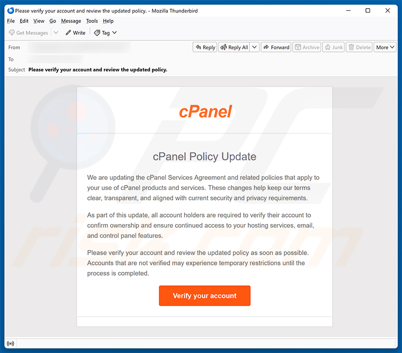 Campaña de spam por correo electrónico de la estafa cPanel Policy Update Email