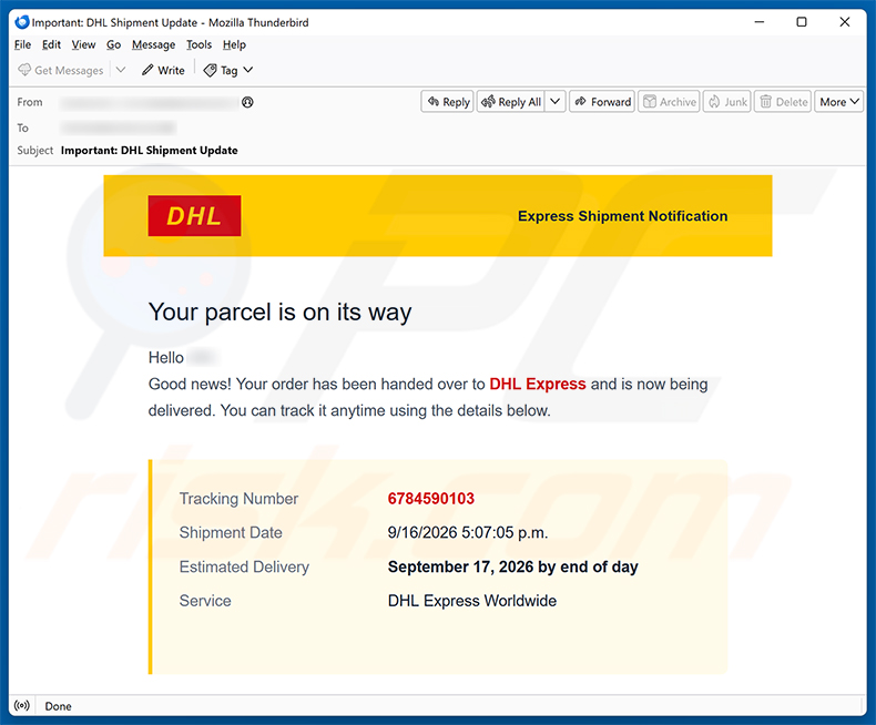 Campaña de spam por correo electrónico DHL Express Parcel Is On Its Way estafa por correo electrónico