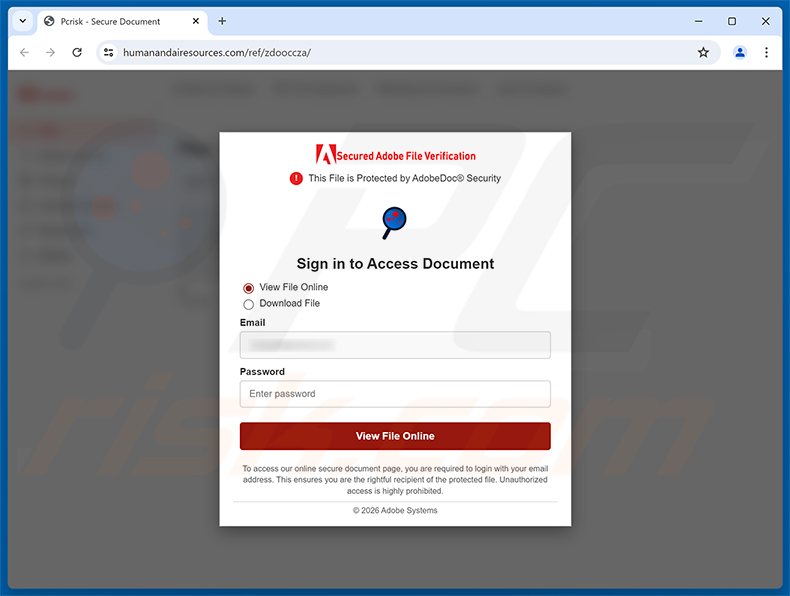 Página de phishing de la estafa Document Has Been Shared You Via Dropbox