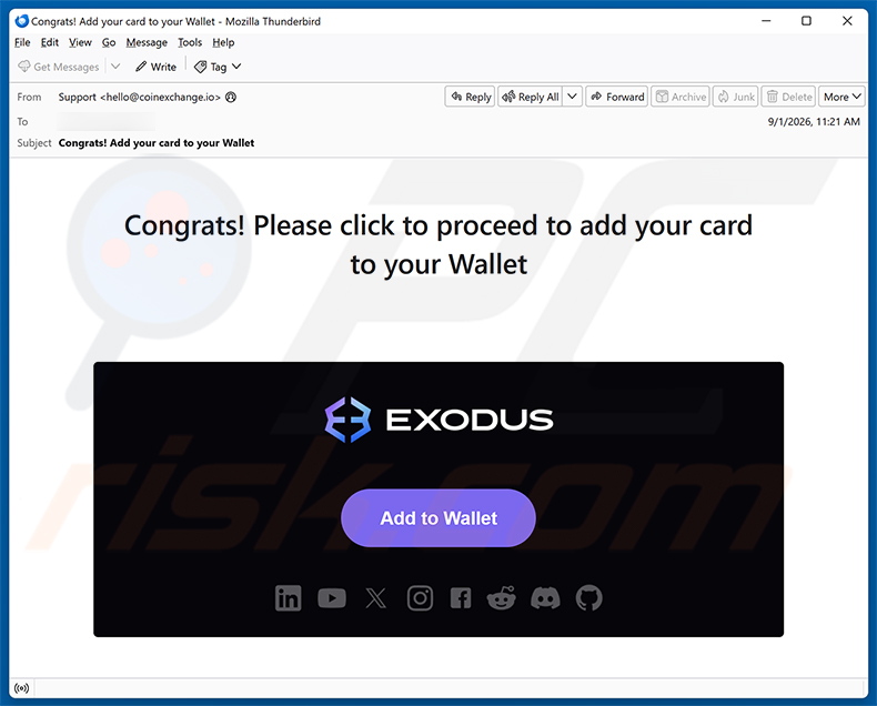 Campaña de spam por correo electrónico Exodus - Add Your Card To Your Wallet estafa por correo electrónico