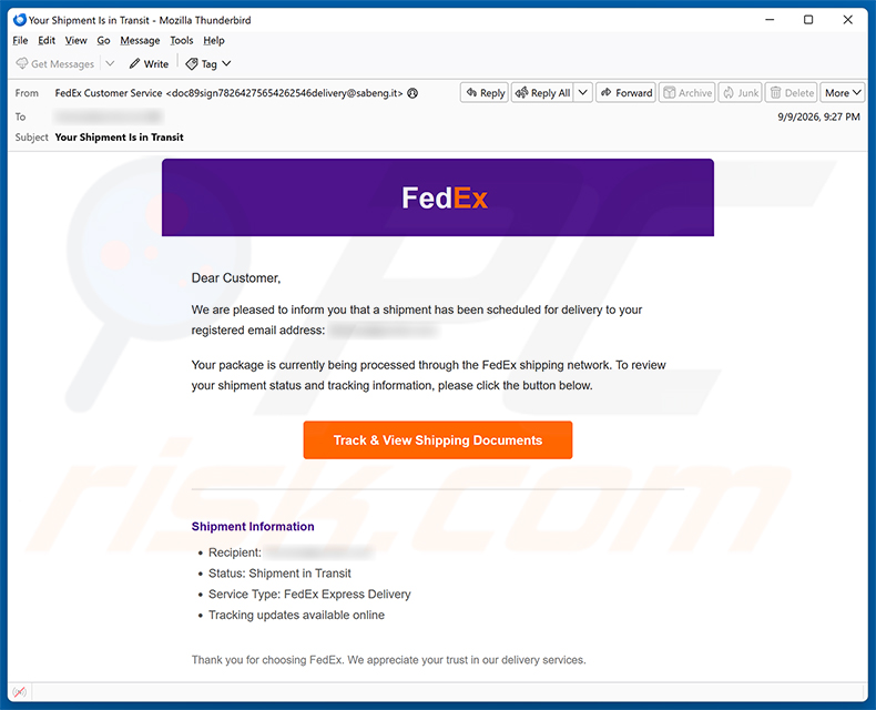 Campaña de spam por correo electrónico de la estafa FedEx Shipment Scheduled For Delivery