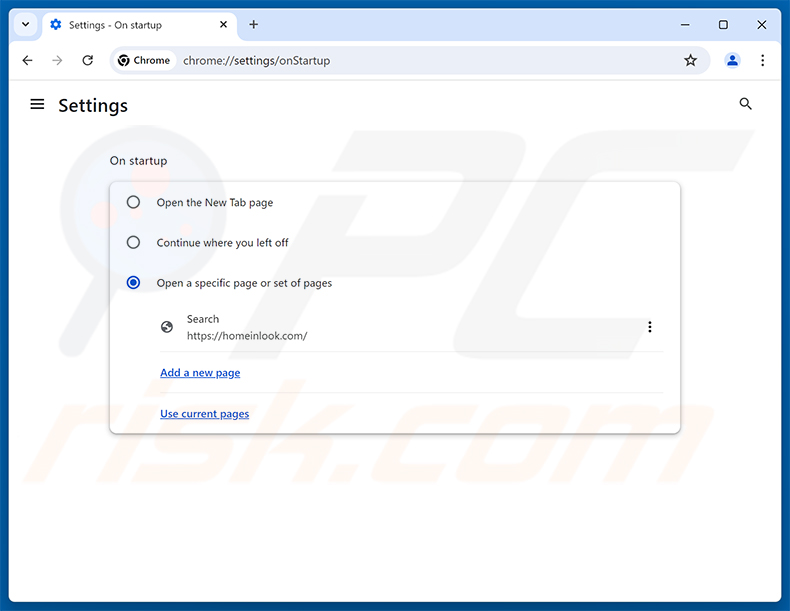 Eliminación de homeinlook.com de la página de inicio de Google Chrome
