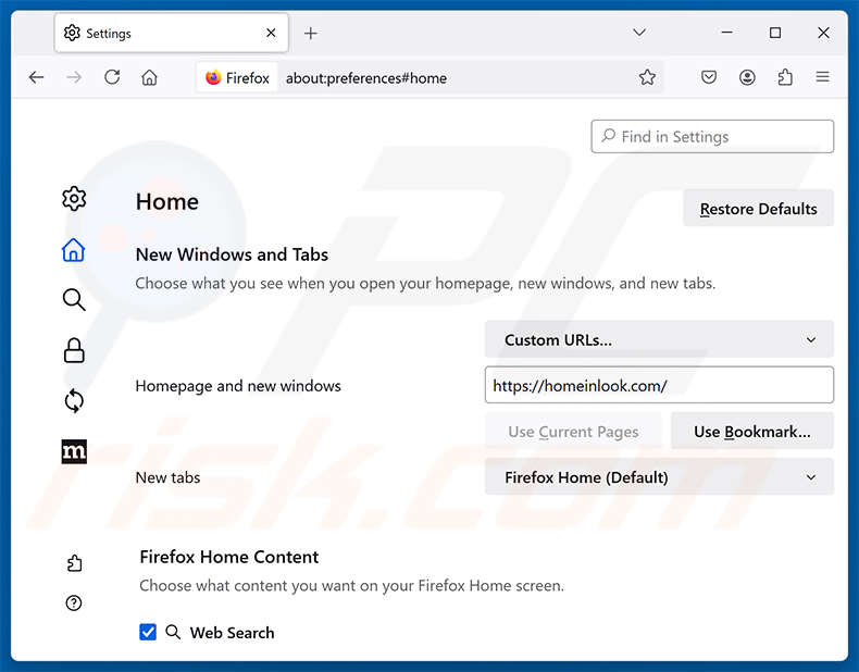 Eliminación de homeinlook.com de la página de inicio de Mozilla Firefox