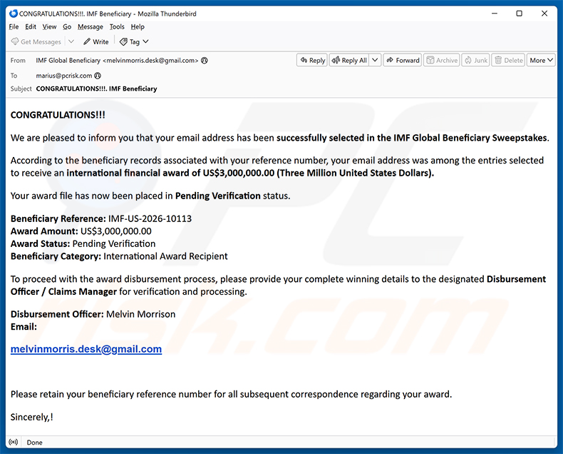 Campaña de spam por correo electrónico IMF Global Beneficiary Sweepstakes