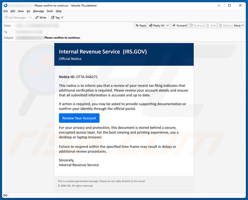 Virus de correo electrónico IRS Account Detail Verification