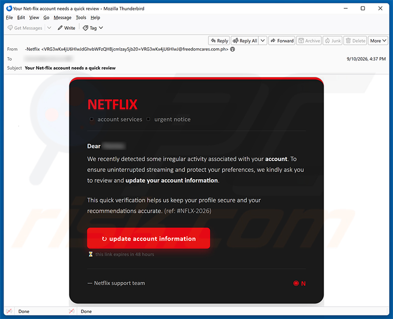Netflix - Irregular Account Activity estafa por correo electrónico