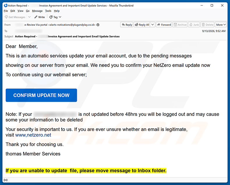 Campaña de spam por correo electrónico NetZero Email Update Scam