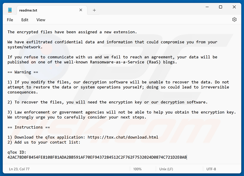 Nota de rescate de qTox Ransomware (readme.txt)