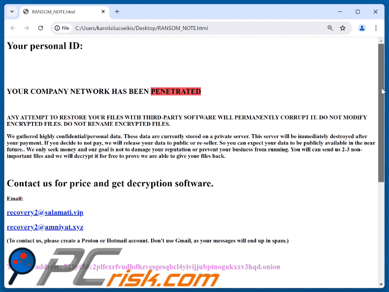 Nota de rescate del ransomware Regulus (RANSOM_NOTE.html)