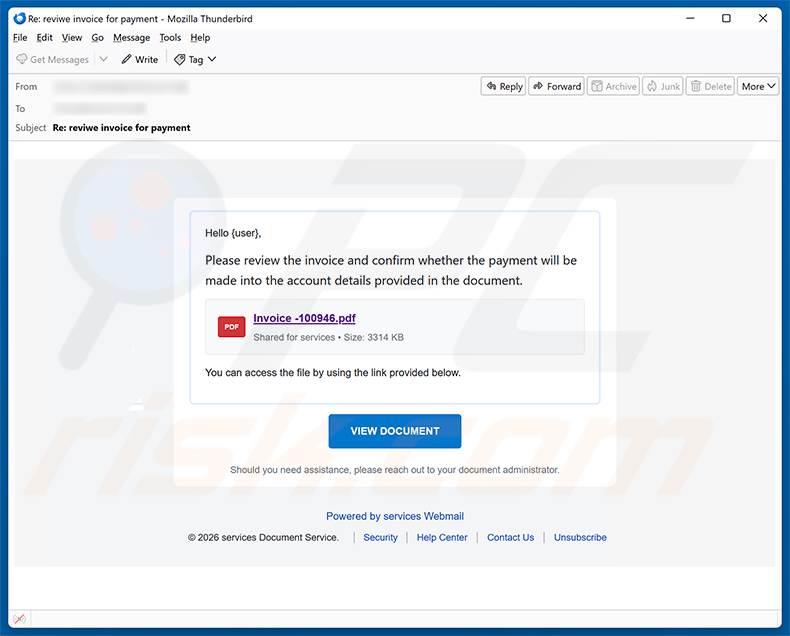 Campaña de spam por correo electrónico Review The Invoice And Confirm The Payment