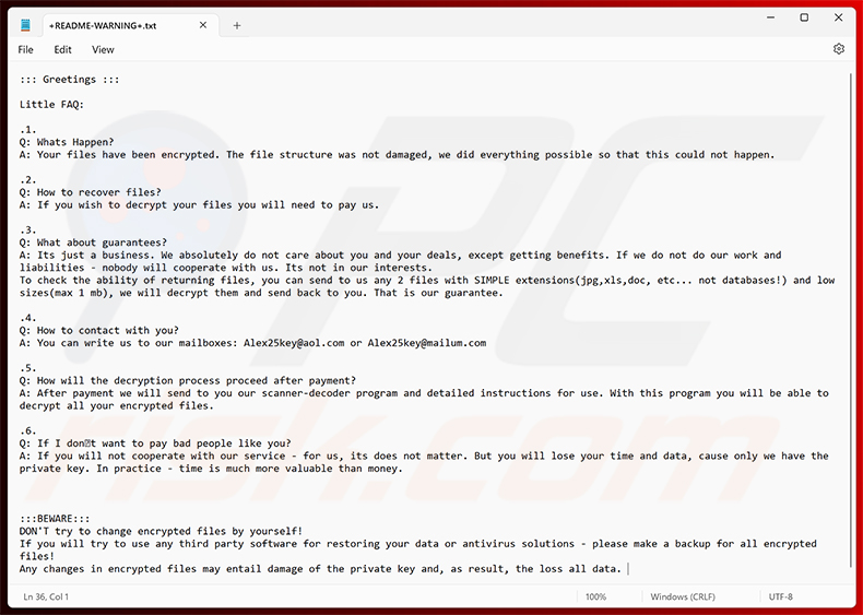 Nota de rescate de RIED Ransomware (+README-WARNING+.txt)