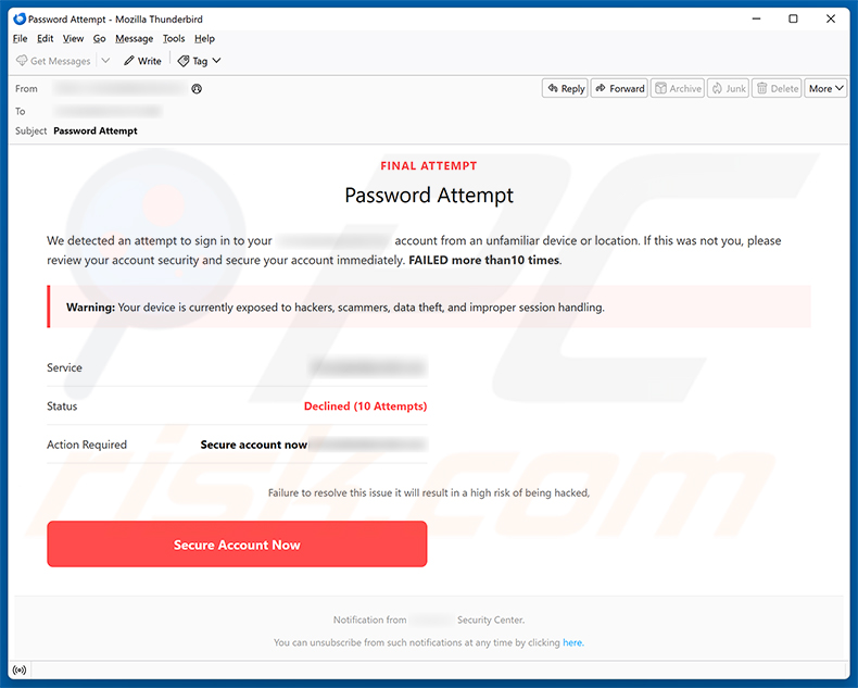 Campaña de spam por correo electrónico de la estafa Secure Your Account
