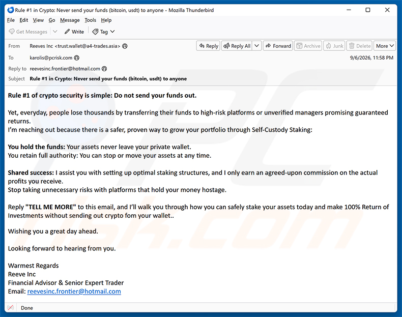 Campaña de spam por correo electrónico Self-Custody Crypto Staking