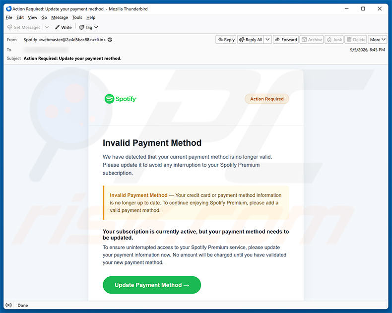 Campaña de spam por correo electrónico Spotify - Invalid Payment Method estafa por correo electrónico