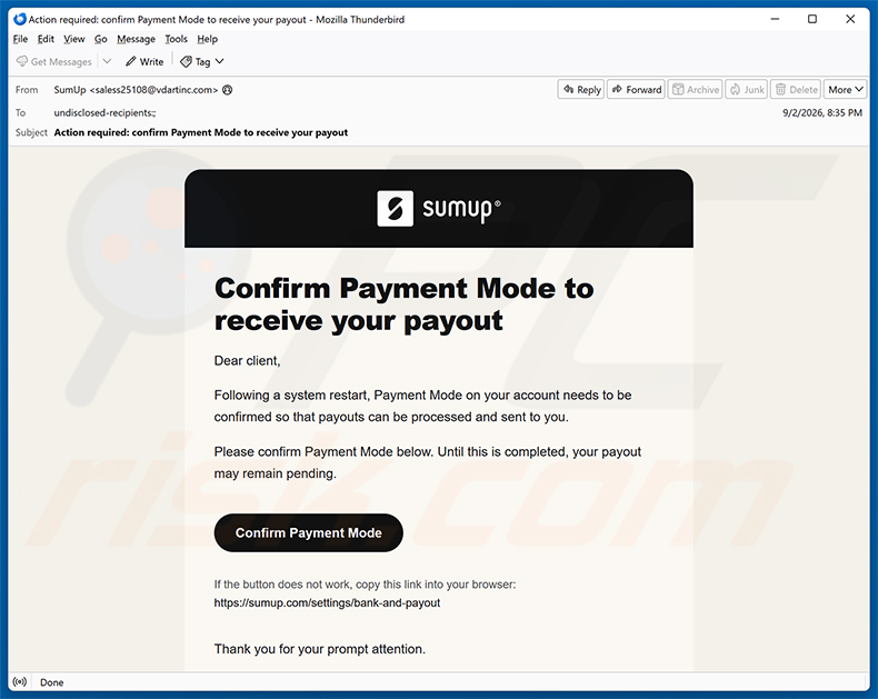 Campaña de spam de la estafa por correo electrónico SumUp Payment Mode Confirmation