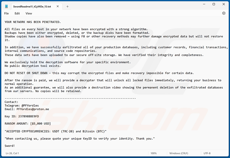 Nota de rescate del ransomware Sword (SwordReadme!!![random_string].txt)